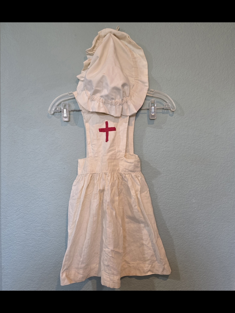 Vintage 1940s WWII Child Red Cross Nurse Pinafore Apron Dress Set w Bonnet Cap
